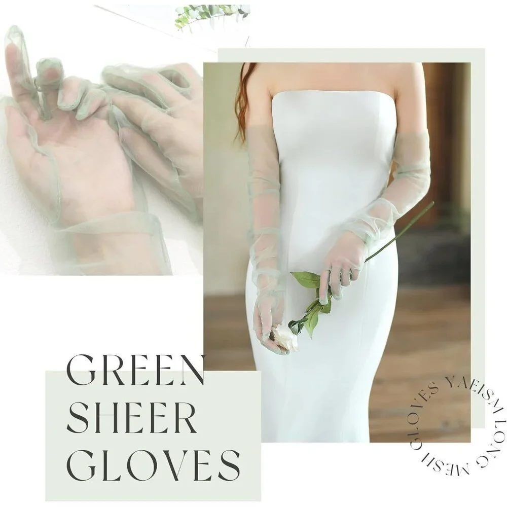 Women's Green Long Tulle Pearl Long Sleeves Gloves Bridal Party Prom Costumes